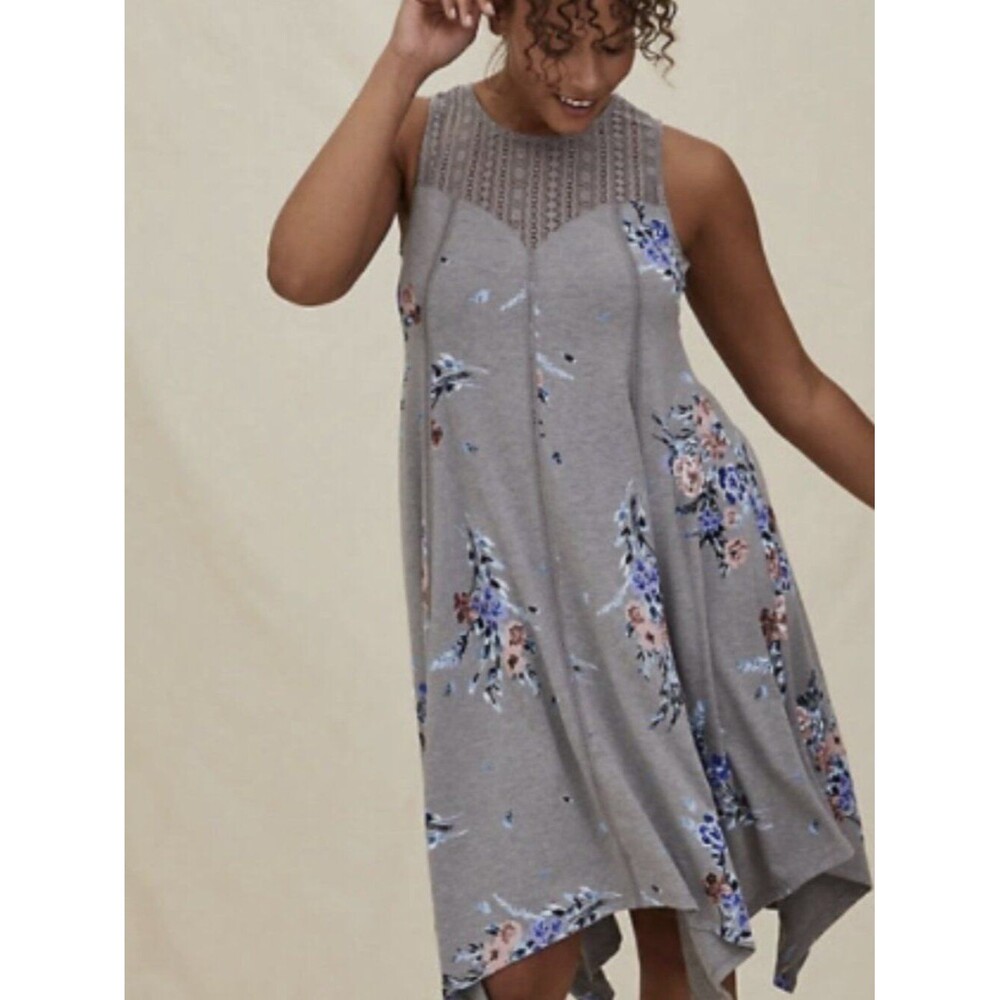 TORRID Gray Midi Dress Crochet Lace Tank Floral Jersey Handkerchief 1X Stretch